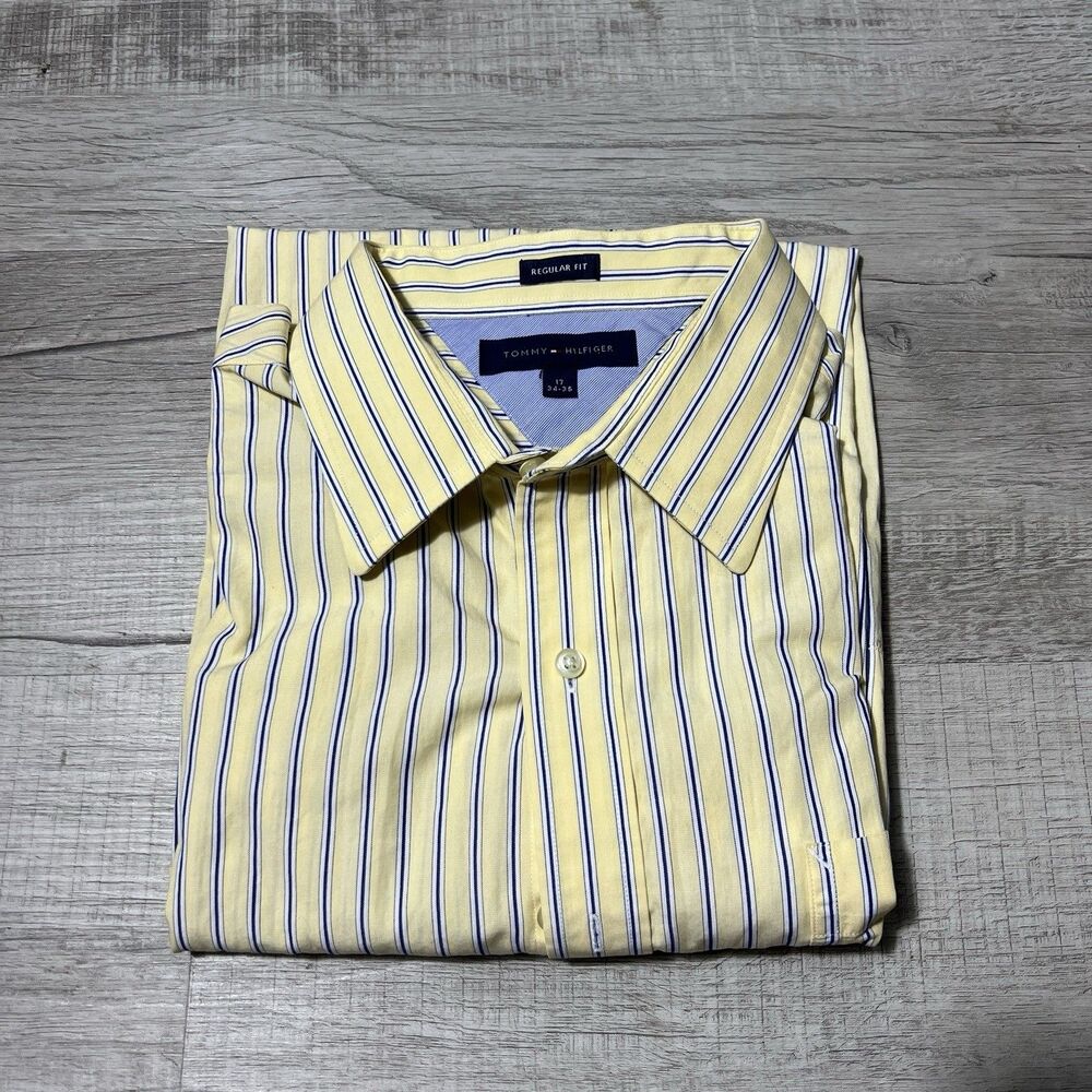 Tommy Hilfiger Dress Shirt Mens 17 34/35 Yellow Blue Stripe Regular Fit Cotton